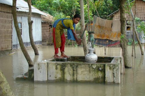 Raised tube well keeping water sources clean during floods. Photo by Practical Action 