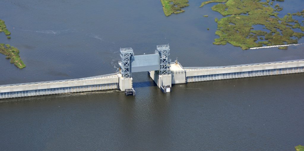 A gate open on a new storm surge barrier outside New Orleans. Photo credit: US Army Corps of Engineers.