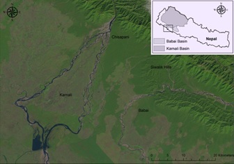 Figure 1: LANDSAT Imagery indicating the relative locations of the Karnali and Babai rivers as they drain from the hills, along with both bifurcation point from Chisapani and re-joining of the Karnali River in the Indian floodplains