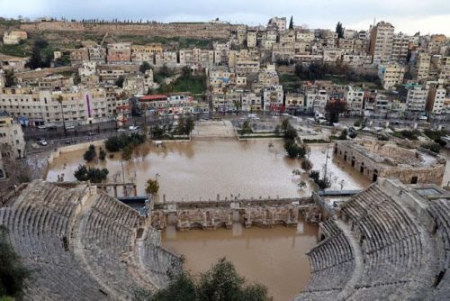 The Roman Theatre in Amman, Jordan can be seen after heavy rainfall flooded parts of the city. 