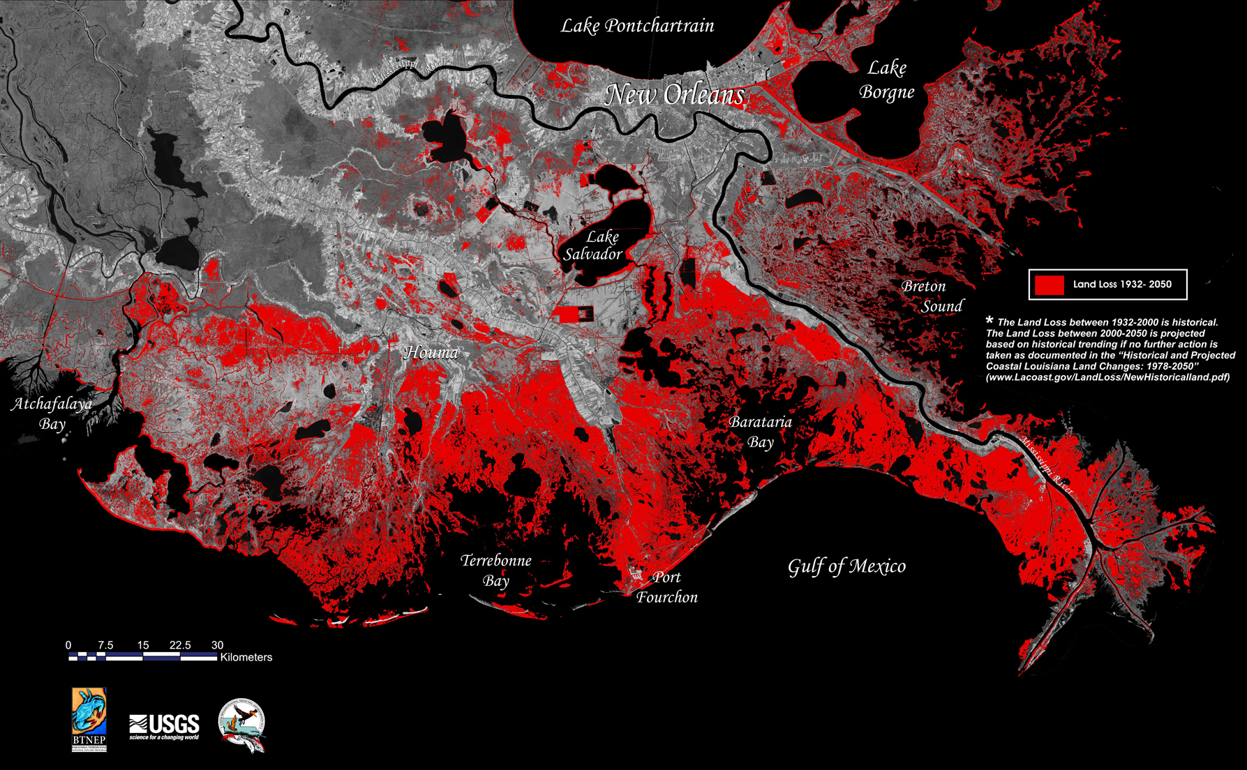 Historical and projected land loss in coastal Louisiana, 1932-2050. Credit: US Geological Survey