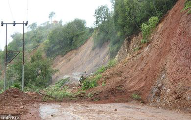 Landslides blocking a road in hilly area of Nepal. 