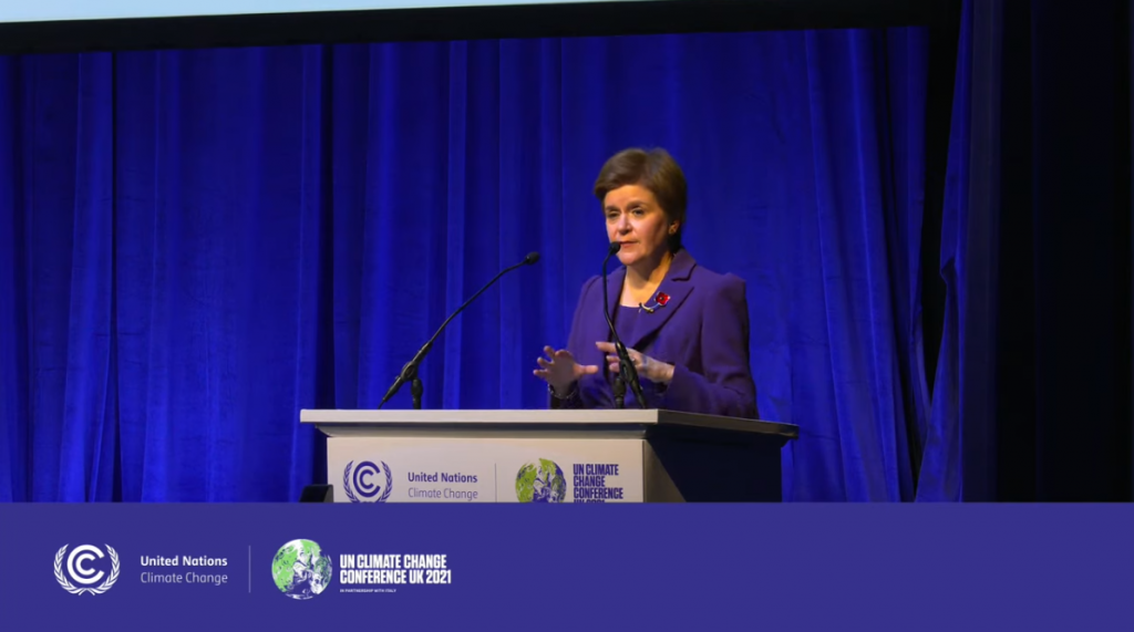 Nicola Sturgeon calling for wealthy countries to finance loss and damage as an act of reparations in COP26 UNFCCC side event co-hosted by Practical Action. 